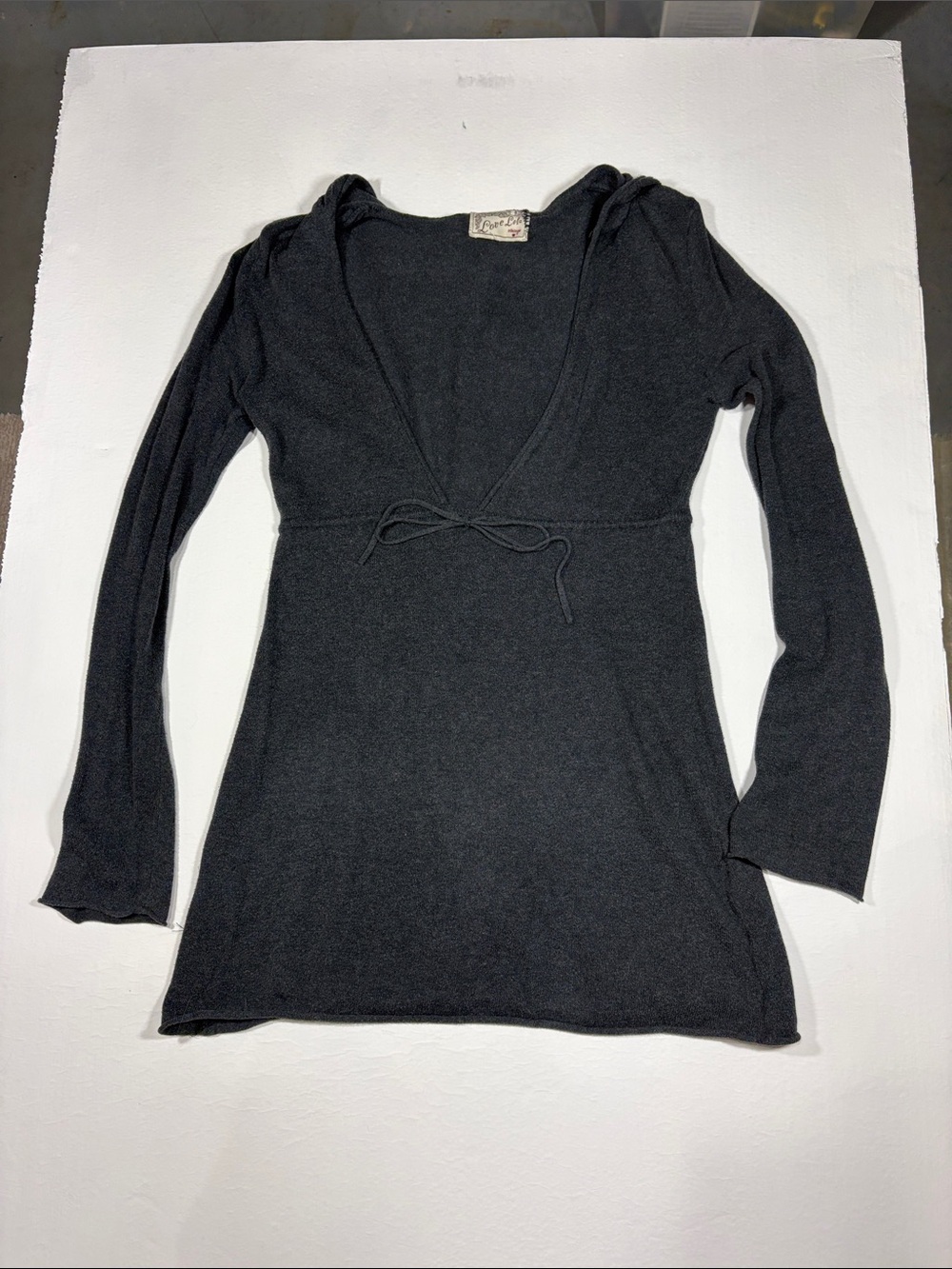Vintage Charcoal Tie-Front V-Neck Long Sleeve Top with Hoodie